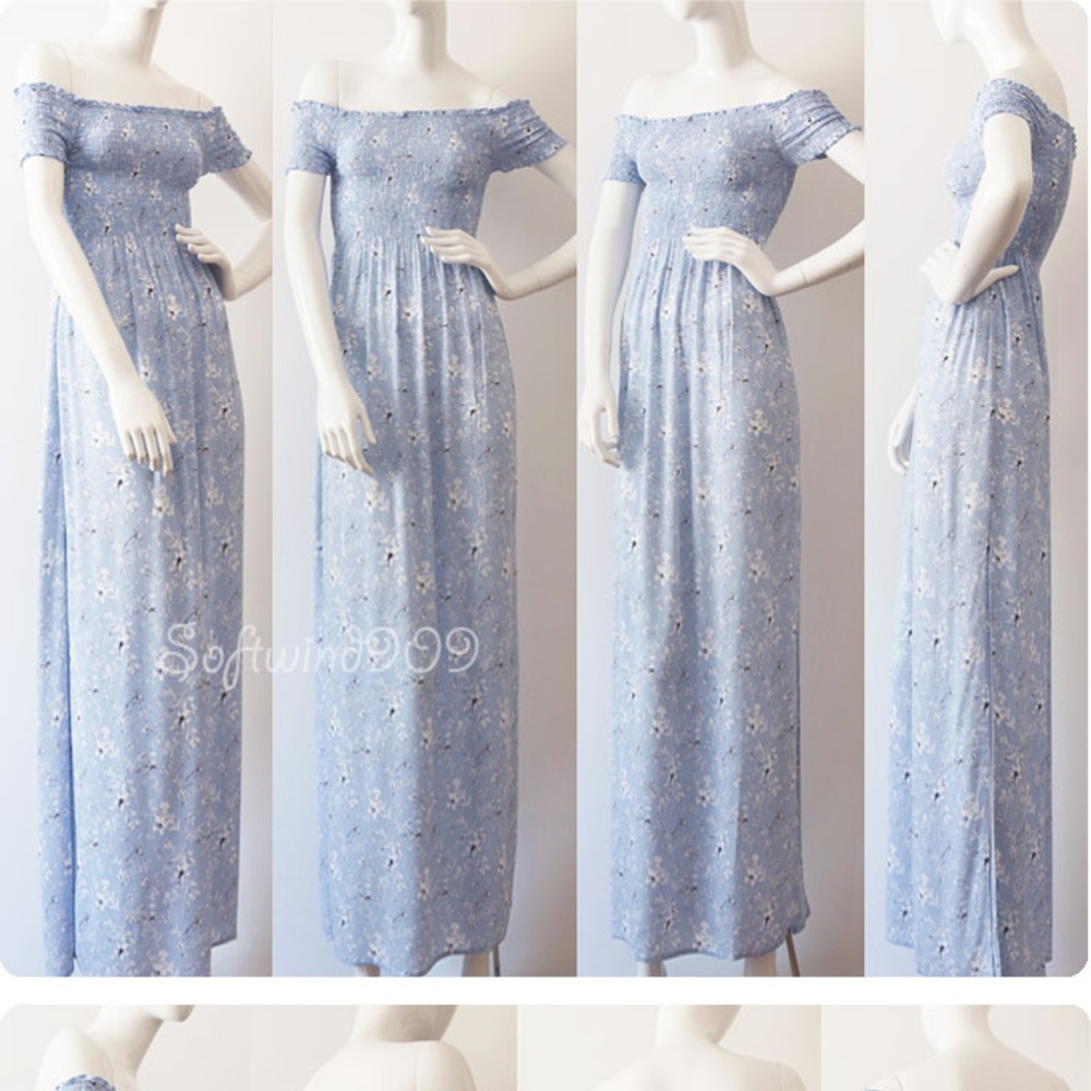 Light Blue Floral Smocked Off Shoulder Maxi Dress - Picture 6 of 8